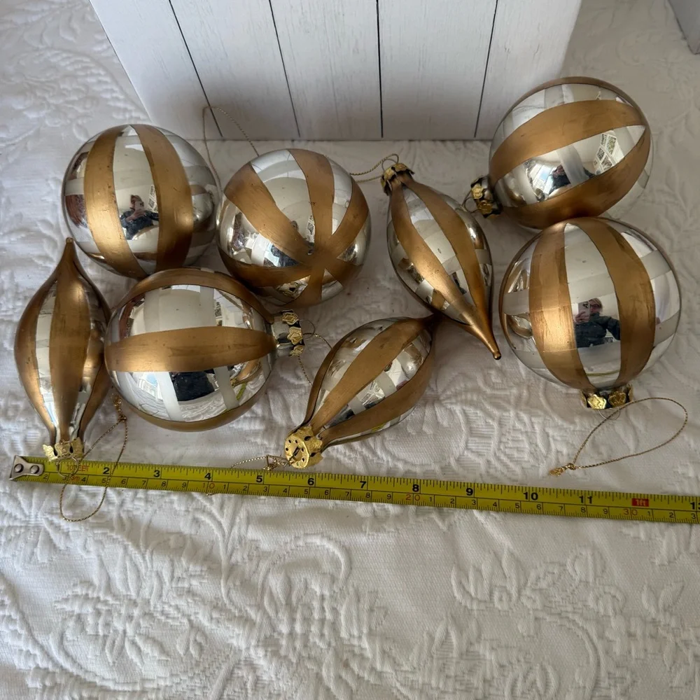 Vintage 8 Gold and Silver Glass Christmas Ornaments. Box included.